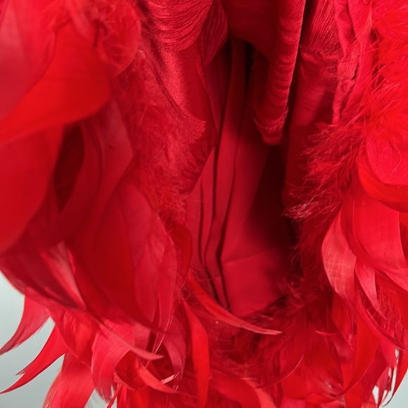 Vintage Women’s Silk Red Shift Dress Faux Feather Hem Necktie Slip on size S - Picture 9 of 17